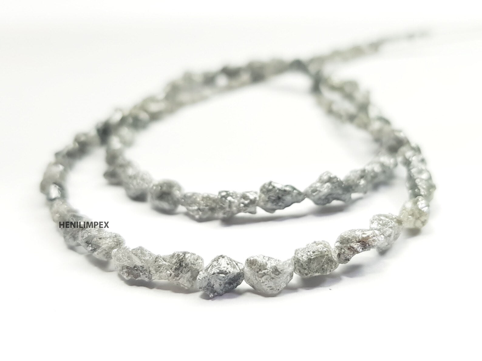 Salt and Pepper Diamond Beads, Unique 50.00 Ct Natural Gray Color Long Drilled Rough Loose Diamonds Beads 16" Strand Necklace Silver Clasp
