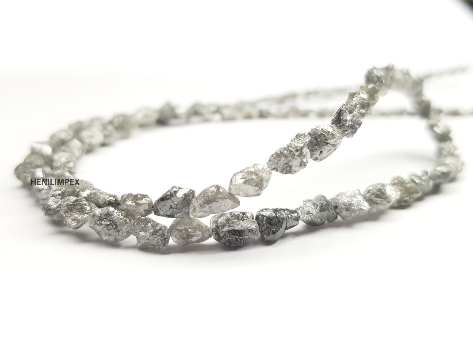 Salt and Pepper Diamond Beads, Unique 50.00 Ct Natural Gray Color Long Drilled Rough Loose Diamonds Beads 16" Strand Necklace Silver Clasp