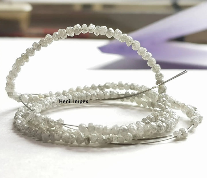 15 ct natural gray color round rough uncut loose diamond beads 16" strand necklace wt silver clasp