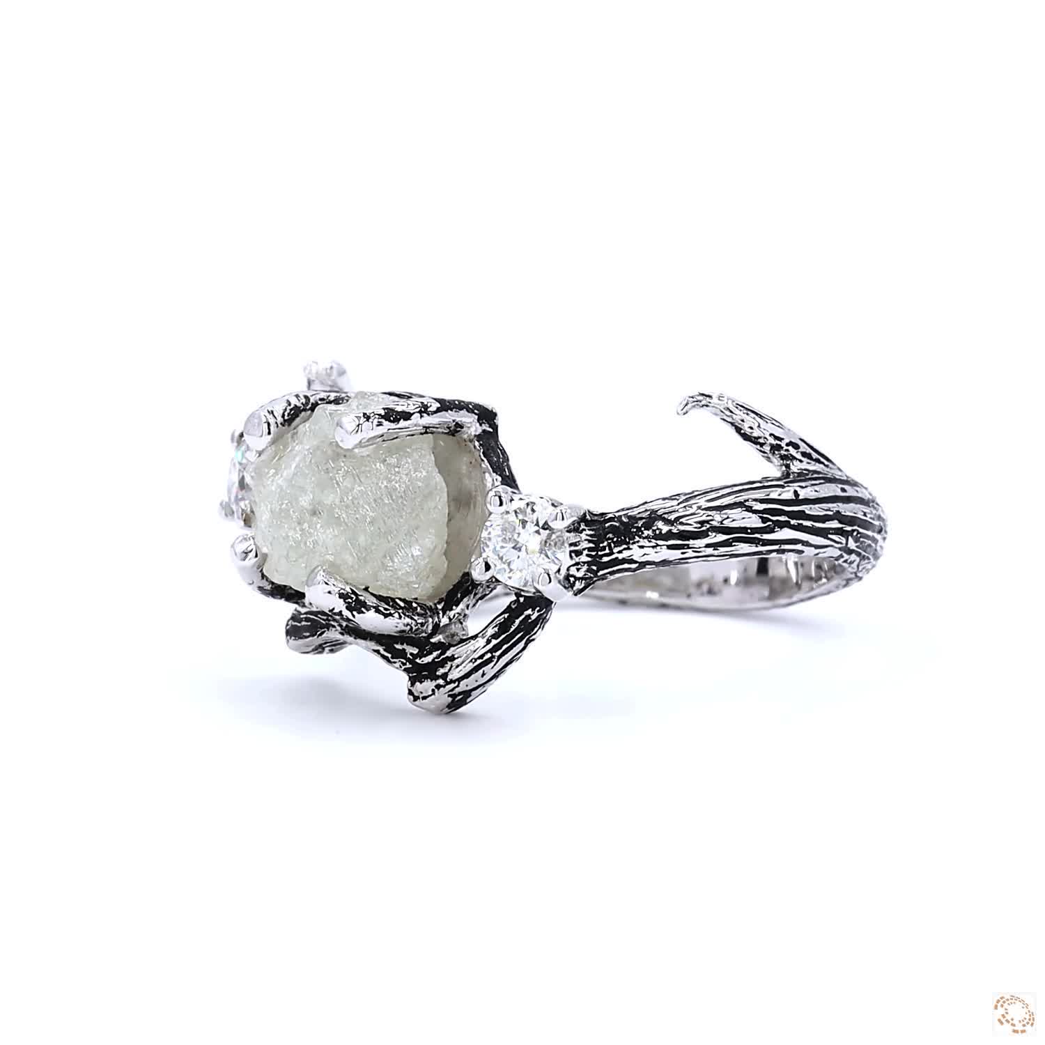 Snow White Raw Diamond Ring 14K Gold Engagement Ring, Natural Rough Twing Diamond Ring, Handmade Gift for Her