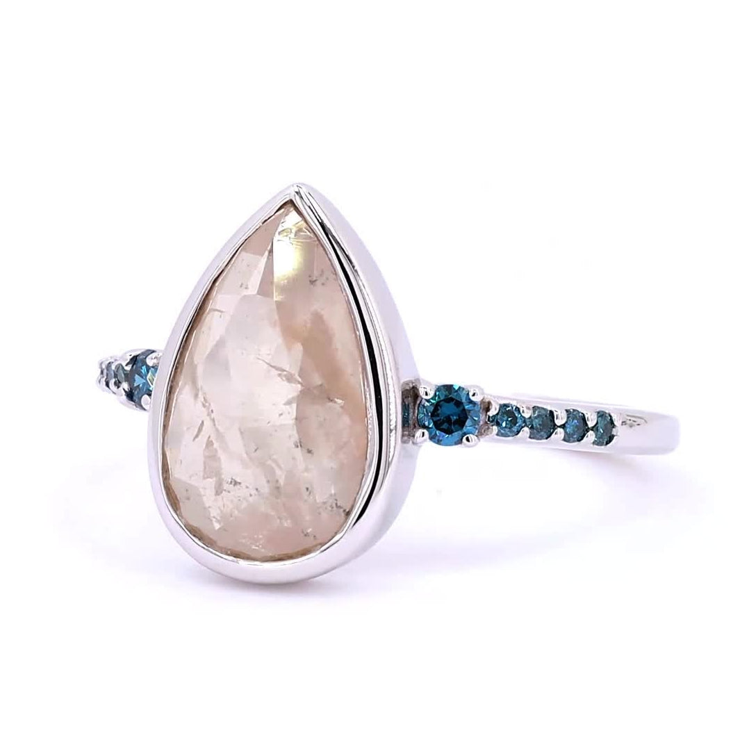 Salt and Pepper Diamond Ring, 14k Gold Pear Engagement Ring, Natural Round Blue Diamond Ring, Gift for Her