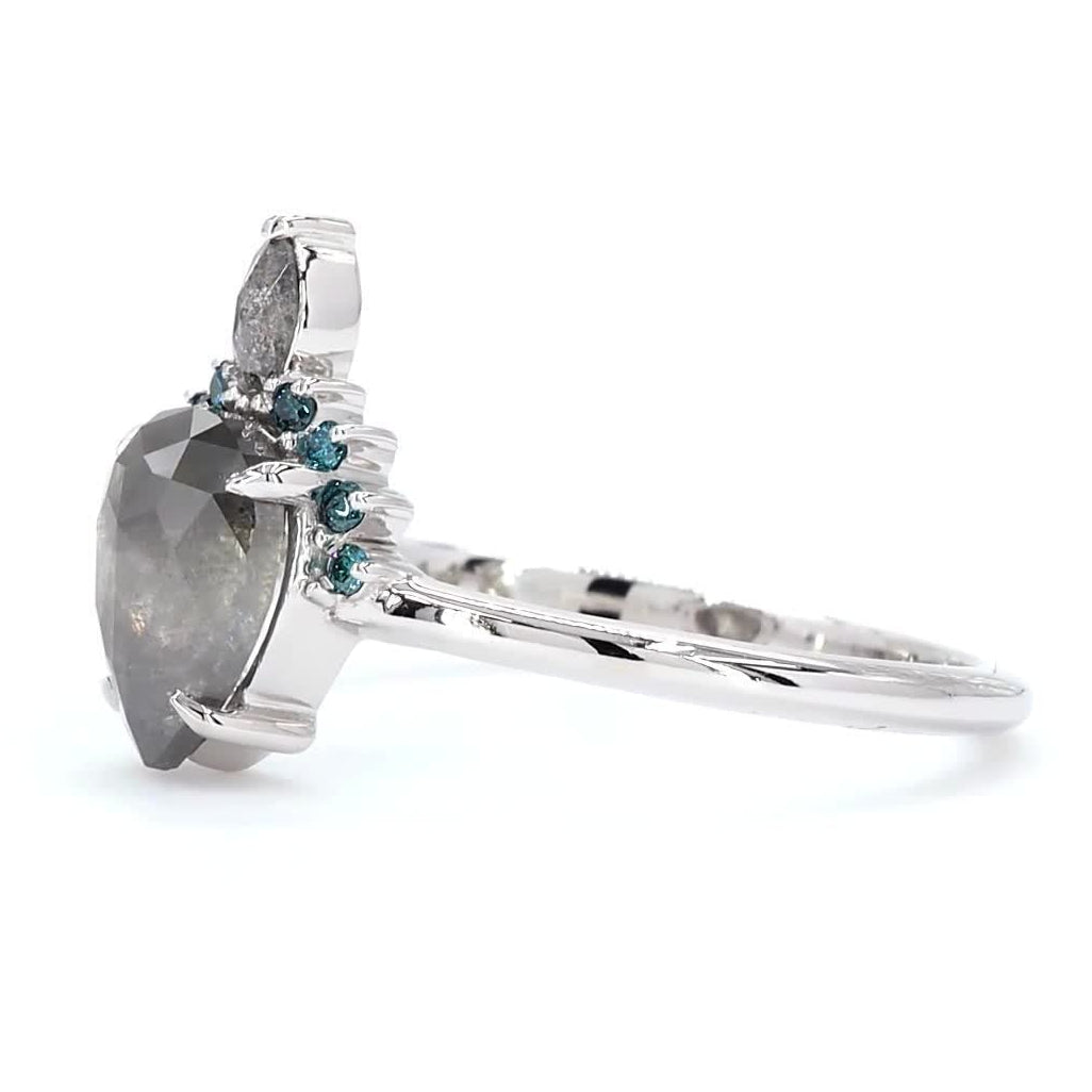 Salt and Pepper Diamond Ring, 14K Gold Blue Engagement Ring, Natural Pear Gray Diamond Wedding Ring