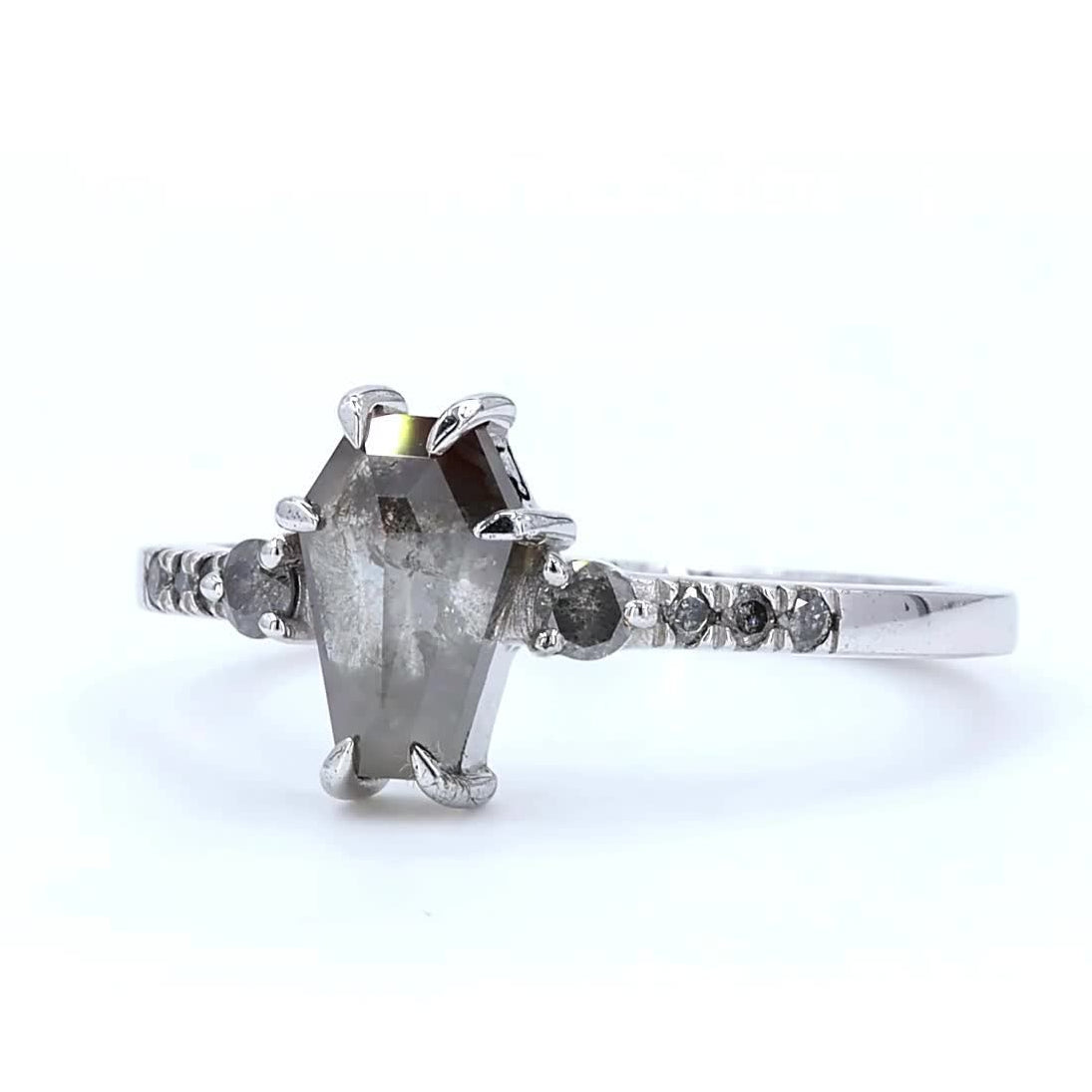 Salt and Pepper Diamond Ring, Natural Coffin Gray Diamond Engagement Ring, 14k Solid Gold Wedding Ring