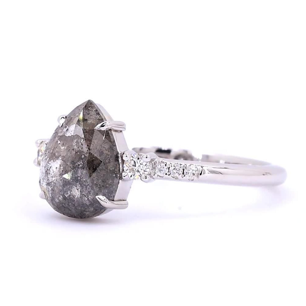 Salt and Pepper Diamond Ring, 14K Gold Engagement Ring, Natural Pear Gray Diamond Wedding Ring