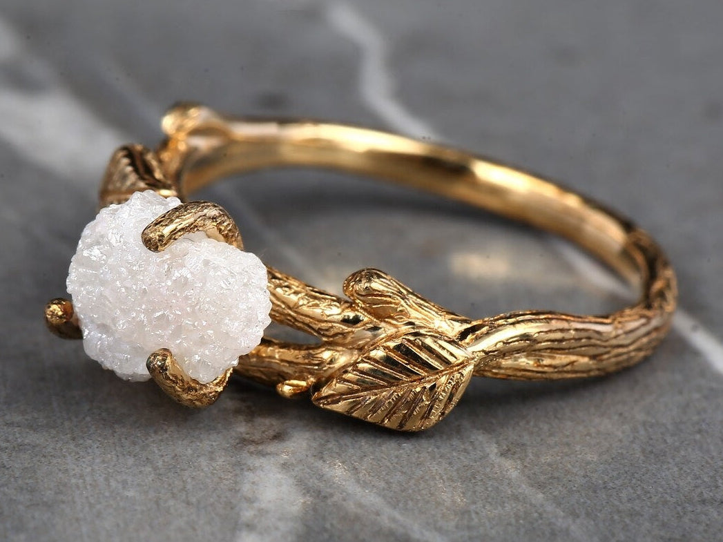Rough Diamond Ring, 14K Gold Anniversary Ring, Tree Branch Black Raw Twig Engagement Ring, Gift for Her