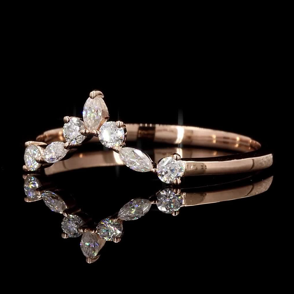 14k Gold Natural White Diamond Ring Band, Round Marquise Diamond Dainty Ring, Unique Handmade Vintage Gold Jewelry, Eternity Cluster Ring, Gift for Her