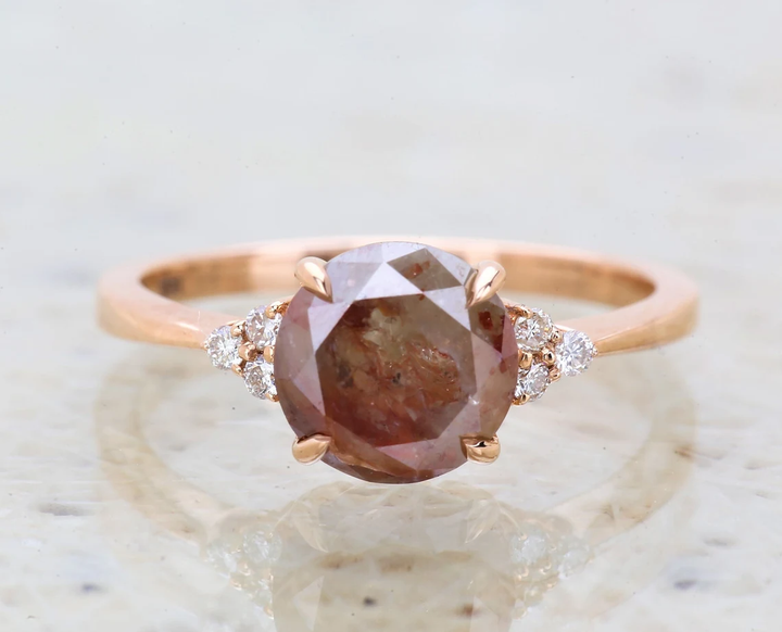 Salt and Pepper Diamond Ring, 14K Gold Engagement Ring, Round Red Brown Diamond Ring, Gift for Her