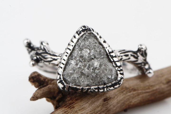 Rough Diamond Ring 14K Gold Engagement Ring, Natural Gray Trillion Diamond Ring, Gift for Her