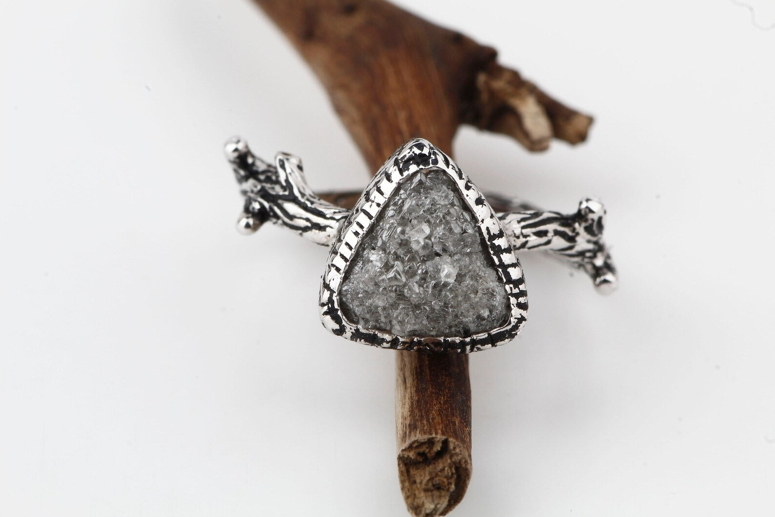 Rough Diamond Ring 14K Gold Engagement Ring, Natural Gray Trillion Diamond Ring, Gift for Her