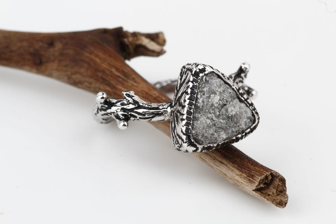 Rough Diamond Ring 14K Gold Engagement Ring, Natural Gray Trillion Diamond Ring, Gift for Her