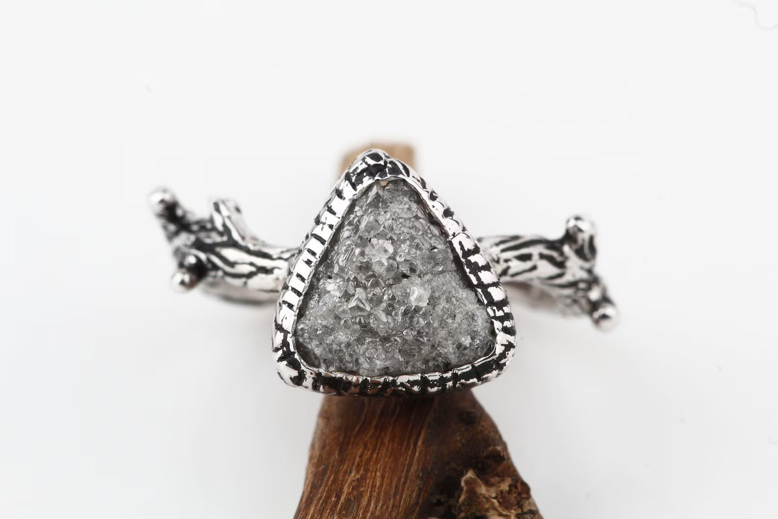 Rough Diamond Ring 14K Gold Engagement Ring, Natural Gray Trillion Diamond Ring, Gift for Her