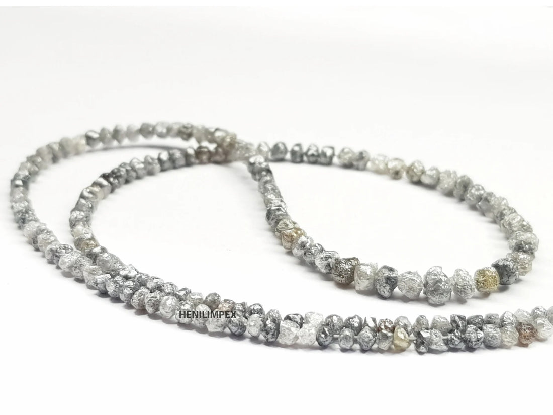 Salt and Pepper Raw Diamond Beads, 50.00 Ct Natural Gray Color Round Rough Diamonds Beads 16" Strand Necklace with Silver Clasp