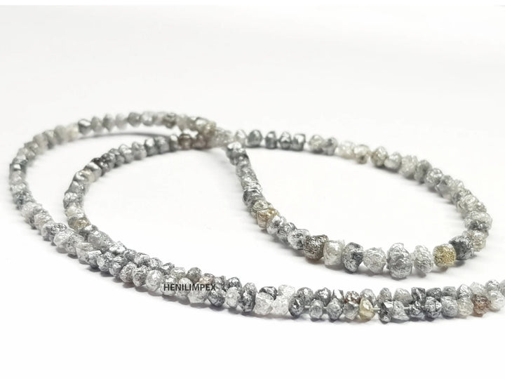 Salt and Pepper Raw Diamond Beads, 50.00 Ct Natural Gray Color Round Rough Diamonds Beads 16" Strand Necklace with Silver Clasp