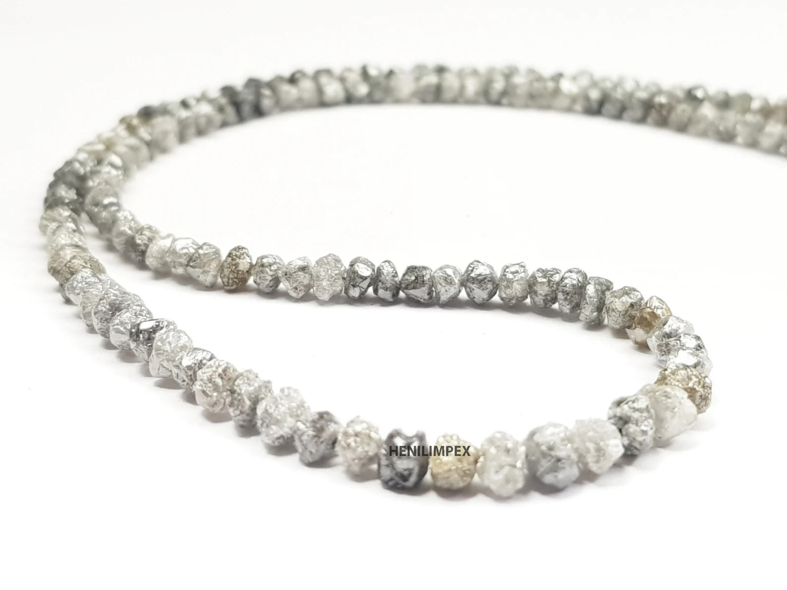 Salt and Pepper Raw Diamond Beads, 50.00 Ct Natural Gray Color Round Rough Diamonds Beads 16" Strand Necklace with Silver Clasp