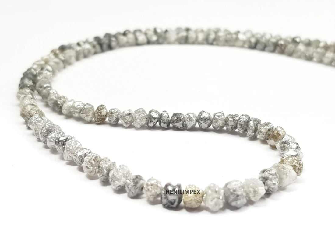 Salt and Pepper Raw Diamond Beads, 50.00 Ct Natural Gray Color Round Rough Diamonds Beads 16" Strand Necklace with Silver Clasp