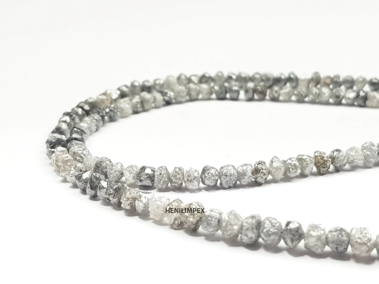 Salt and Pepper Raw Diamond Beads, 50.00 Ct Natural Gray Color Round Rough Diamonds Beads 16" Strand Necklace with Silver Clasp