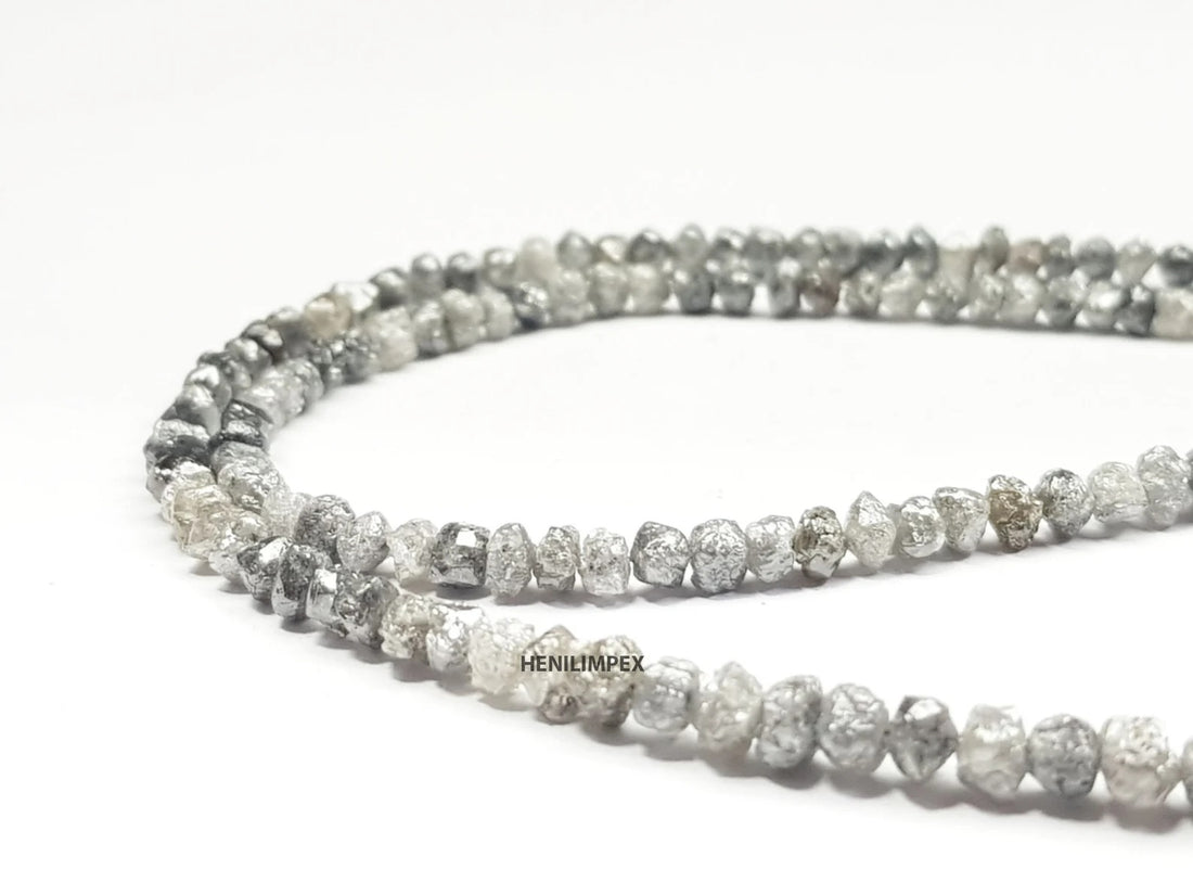 Salt and Pepper Raw Diamond Beads, 50.00 Ct Natural Gray Color Round Rough Diamonds Beads 16" Strand Necklace with Silver Clasp