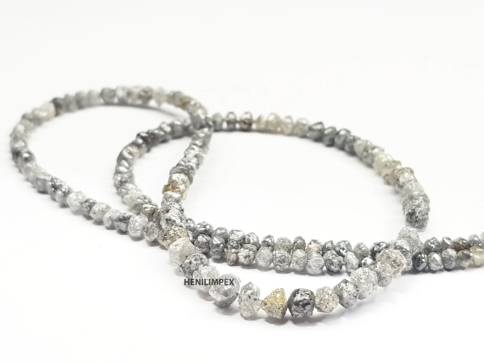 Salt and Pepper Raw Diamond Beads, 50.00 Ct Natural Gray Color Round Rough Diamonds Beads 16" Strand Necklace with Silver Clasp