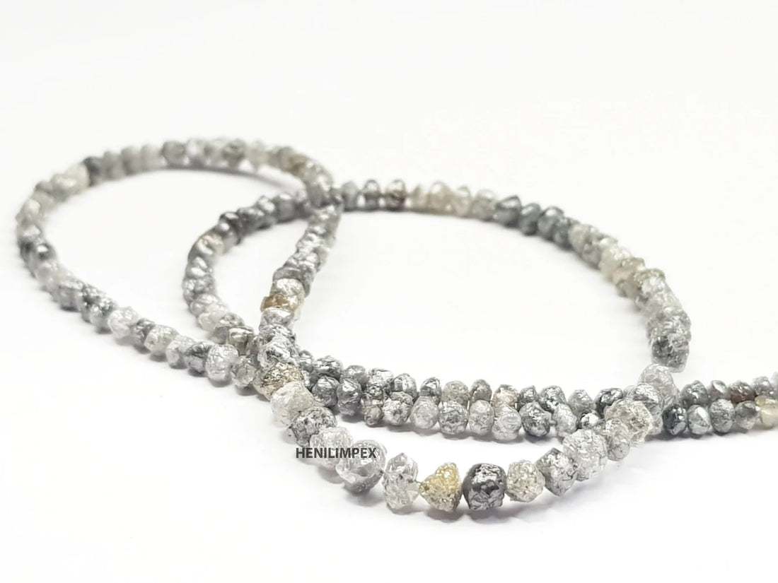Salt and Pepper Raw Diamond Beads, 50.00 Ct Natural Gray Color Round Rough Diamonds Beads 16" Strand Necklace with Silver Clasp