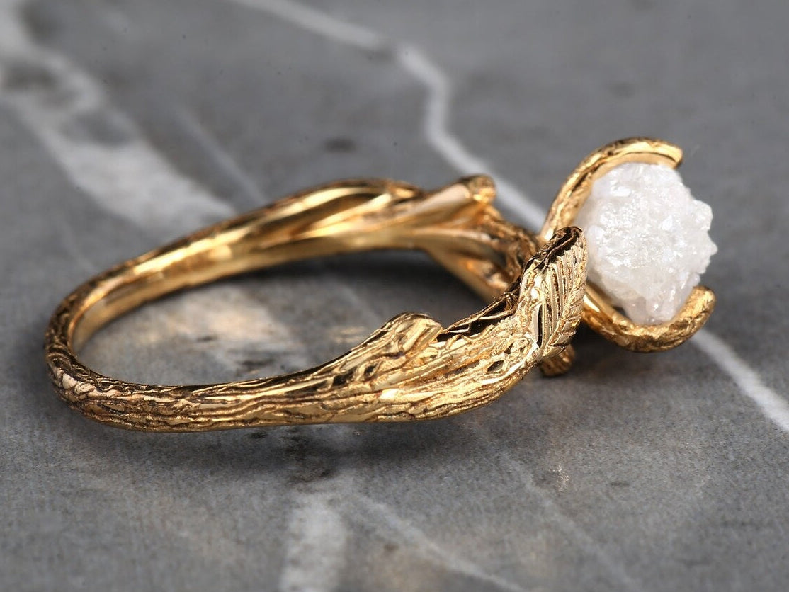 Rough Diamond Ring, 14K Gold Anniversary Ring, Tree Branch Black Raw Twig Engagement Ring, Gift for Her