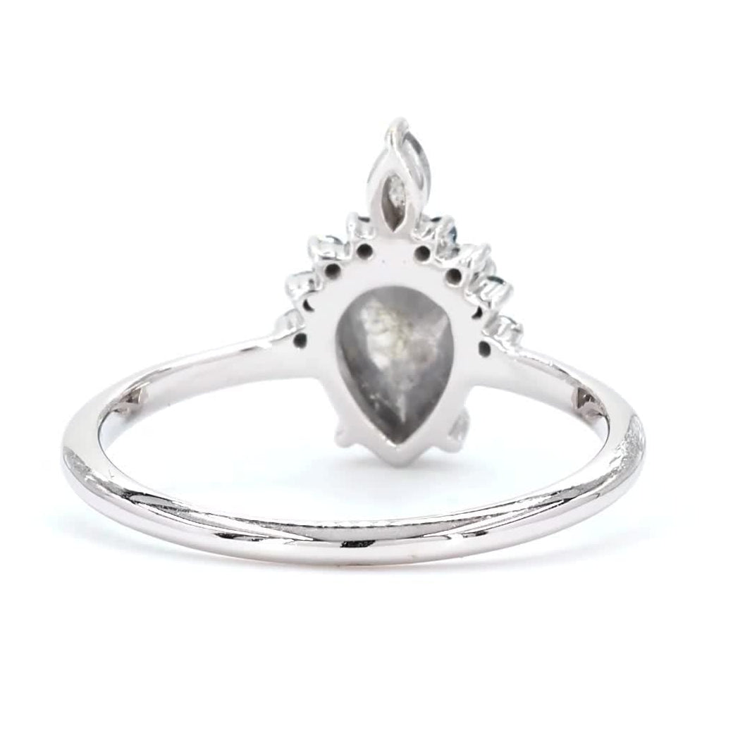 Salt and Pepper Diamond Ring, 14K Gold Blue Engagement Ring, Natural Pear Gray Diamond Wedding Ring