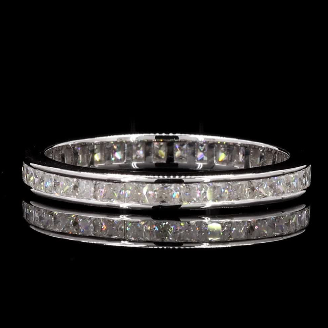 White Diamond Eternity Band, 14k Gold Natural Princess Diamond Ring, Handmade Vintage Gold Jewelry, Cluster Ring, Gift for Women