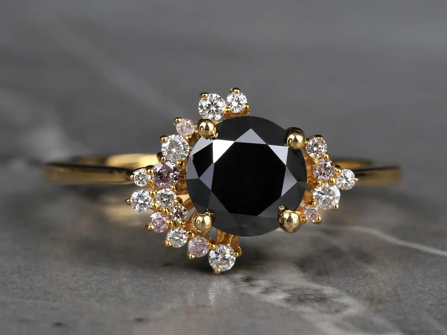 Black Round Diamond Enagagement Ring, Natural Round Pink Diamond Anniversary Ring, Gift for Her