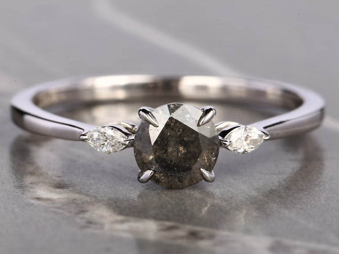 Salt and Pepper Diamond Ring, 14K Gold Engagement Ring, Natural Round Gray Diamond Ring, Christmas Gift for Her