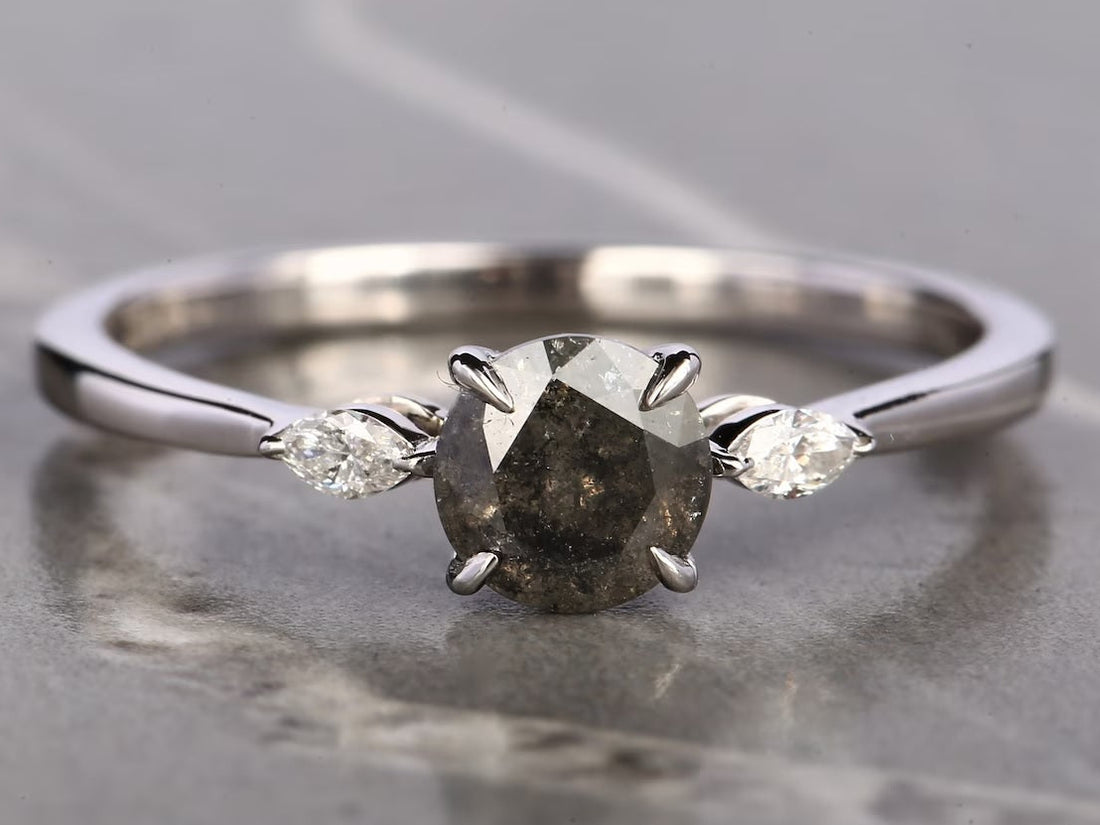Salt and Pepper Diamond Ring, 14K Gold Engagement Ring, Natural Round Gray Diamond Ring, Christmas Gift for Her
