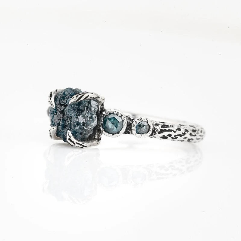 Rough Diamond Ring 14K Gold Engagement Ring, Natural Blue Diamond Ring, Gift for Her