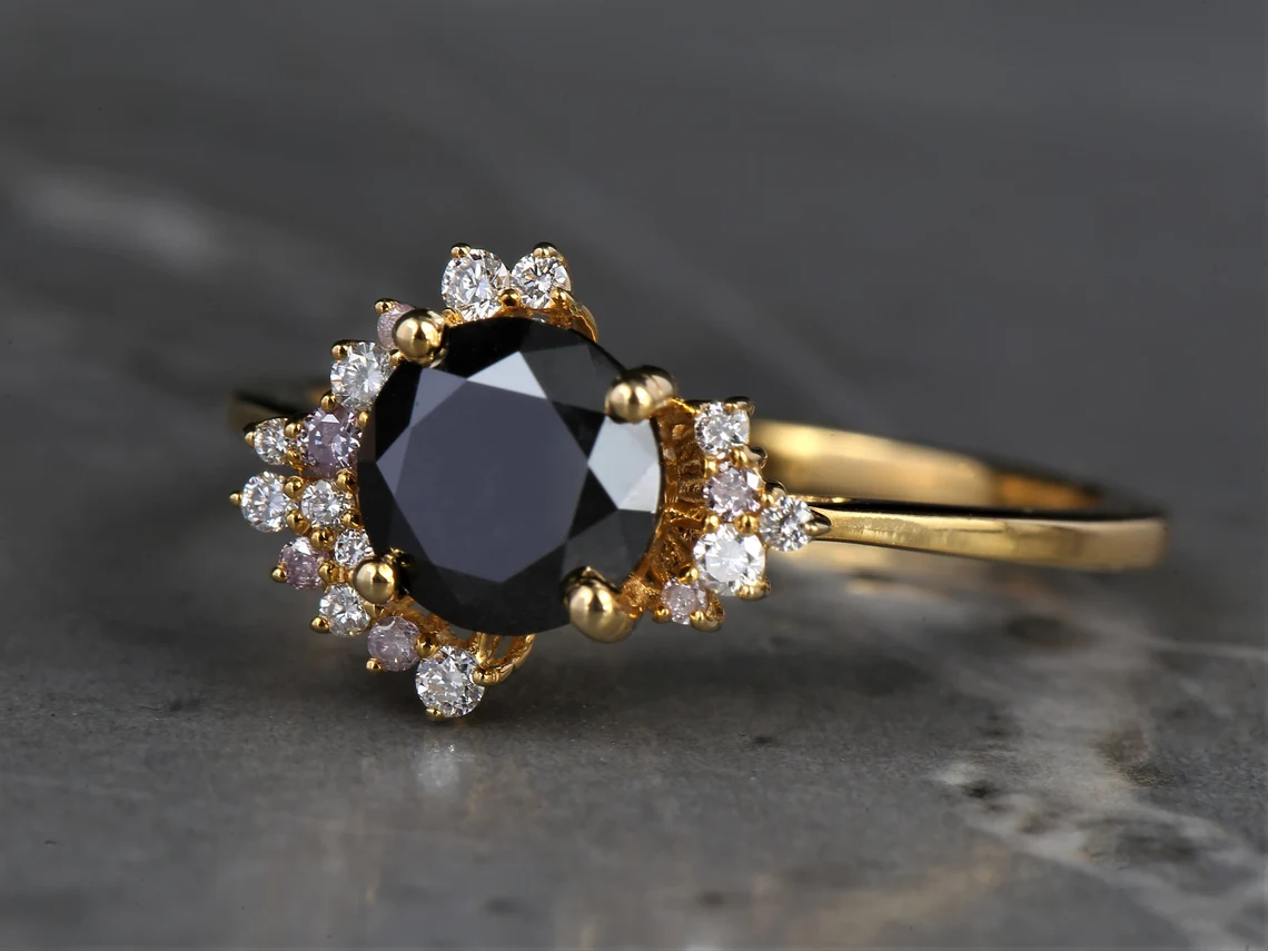 Black Round Diamond Enagagement Ring, Natural Round Pink Diamond Anniversary Ring, Gift for Her