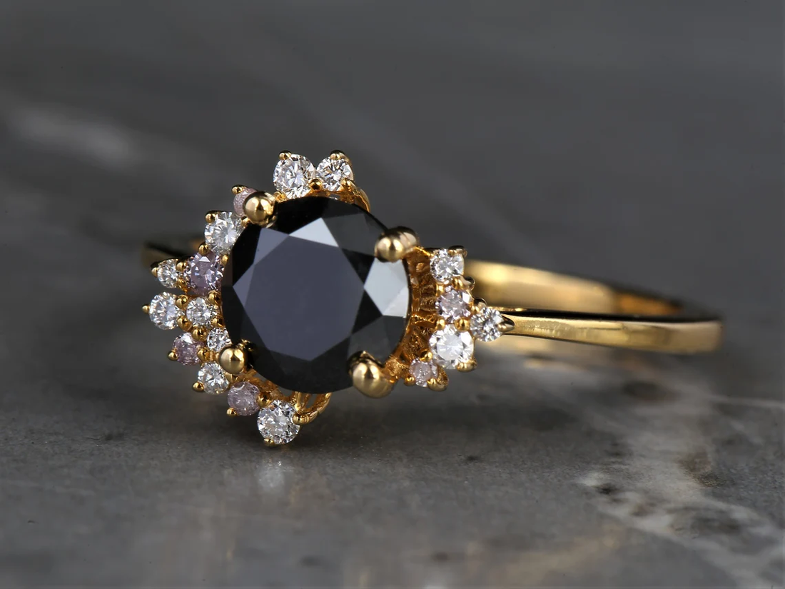 Black Round Diamond Enagagement Ring, Natural Round Pink Diamond Anniversary Ring, Gift for Her