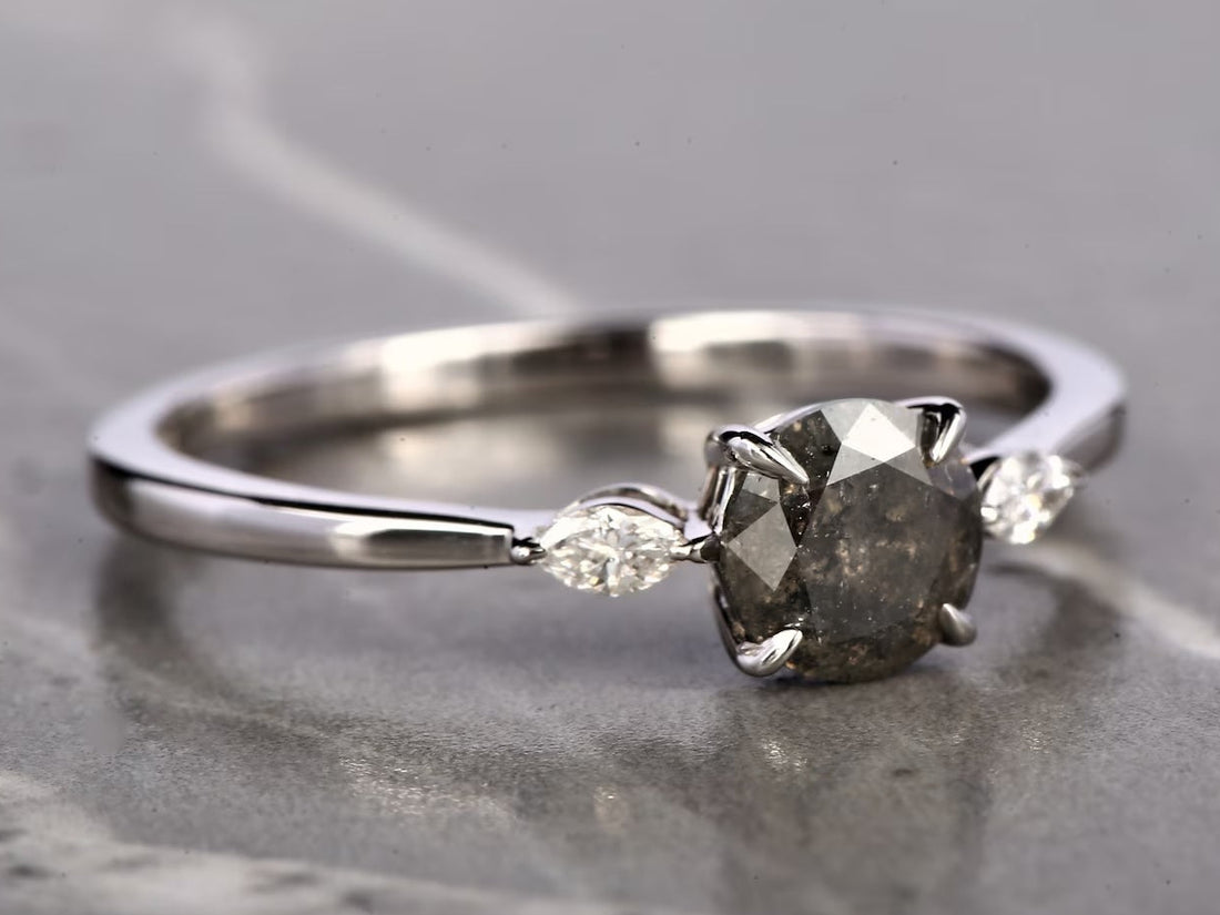 Salt and Pepper Diamond Ring, 14K Gold Engagement Ring, Natural Round Gray Diamond Ring, Christmas Gift for Her