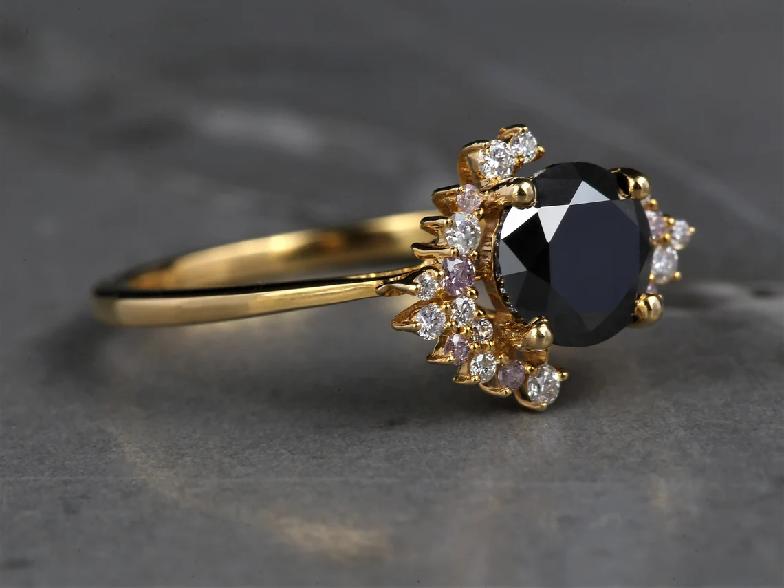 Black Round Diamond Enagagement Ring, Natural Round Pink Diamond Anniversary Ring, Gift for Her