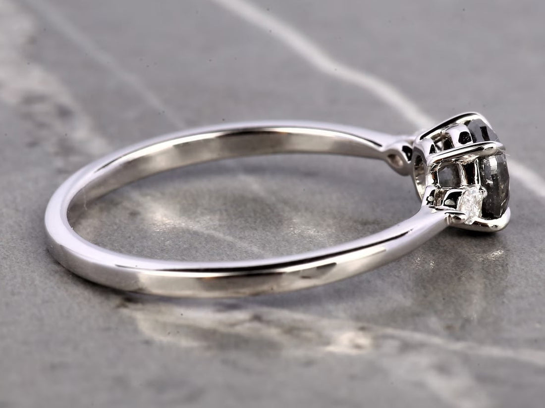 Salt and Pepper Diamond Ring, 14K Gold Engagement Ring, Natural Round Gray Diamond Ring, Christmas Gift for Her