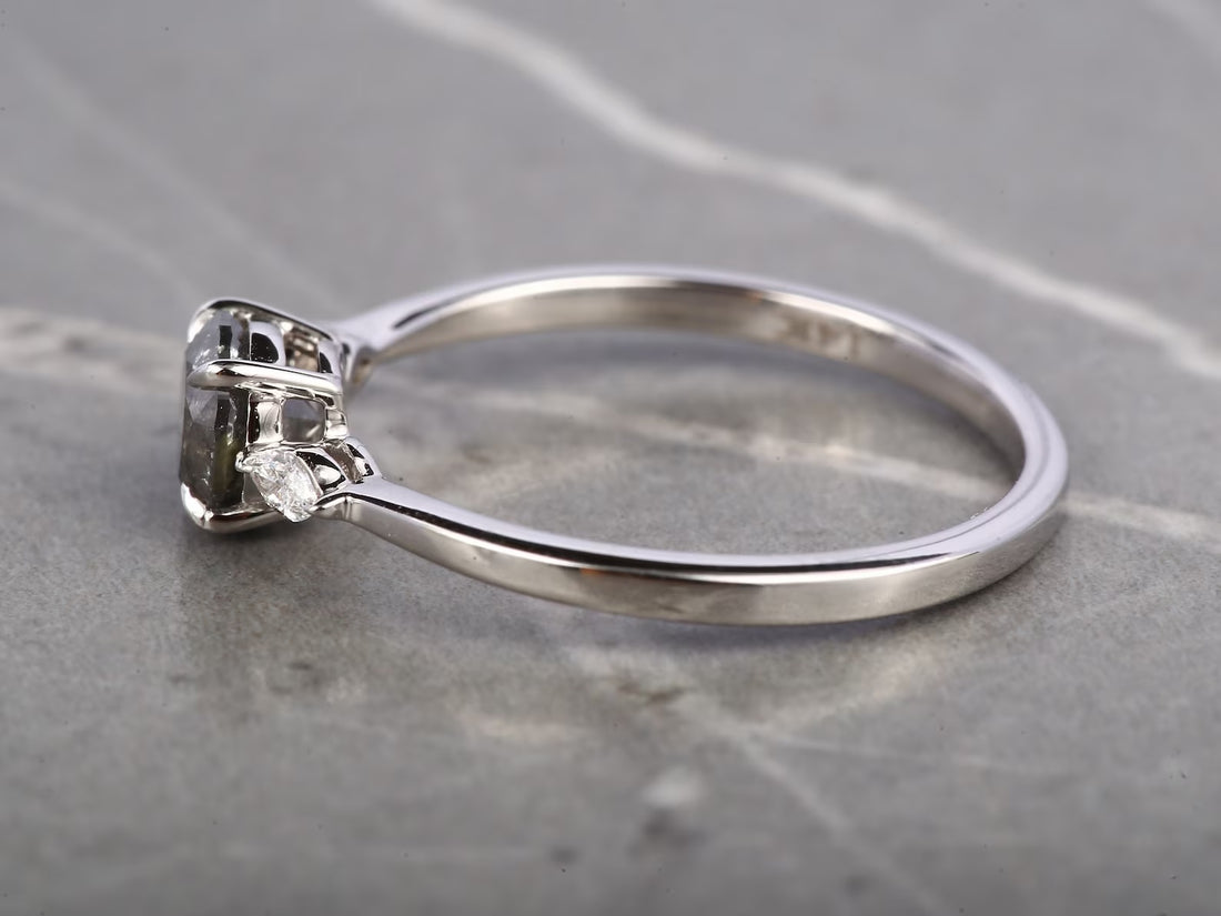 Salt and Pepper Diamond Ring, 14K Gold Engagement Ring, Natural Round Gray Diamond Ring, Christmas Gift for Her