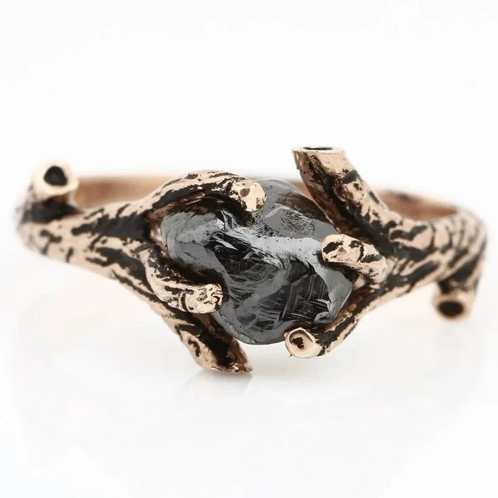 Rough Diamond Ring, 14K Gold Anniversary Ring, Tree Branch Black Raw Twig Engagement Ring, Gift for Her