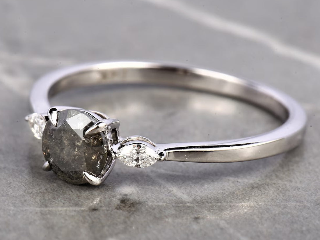 Salt and Pepper Diamond Ring, 14K Gold Engagement Ring, Natural Round Gray Diamond Ring, Christmas Gift for Her