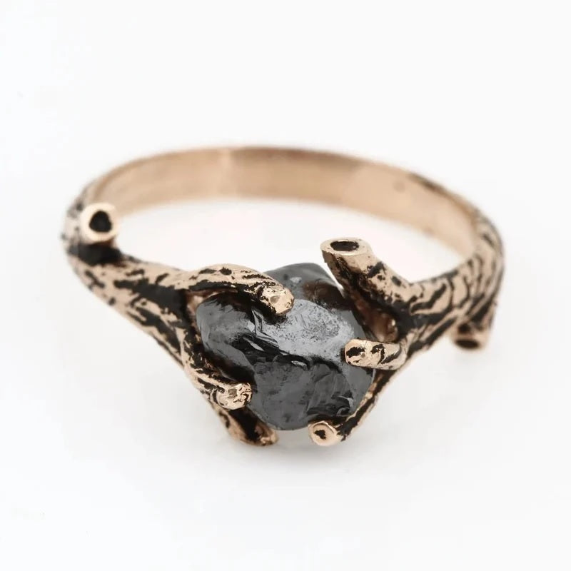 Rough Diamond Ring, 14K Gold Anniversary Ring, Tree Branch Black Raw Twig Engagement Ring, Gift for Her