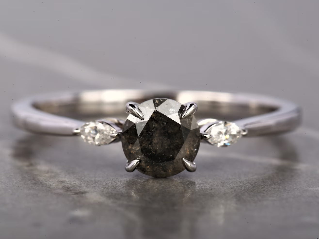 Salt and Pepper Diamond Ring, 14K Gold Engagement Ring, Natural Round Gray Diamond Ring, Christmas Gift for Her