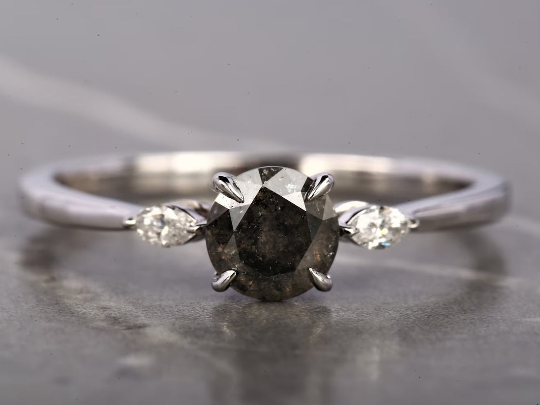 Salt and Pepper Diamond Ring, 14K Gold Engagement Ring, Natural Round Gray Diamond Ring, Christmas Gift for Her