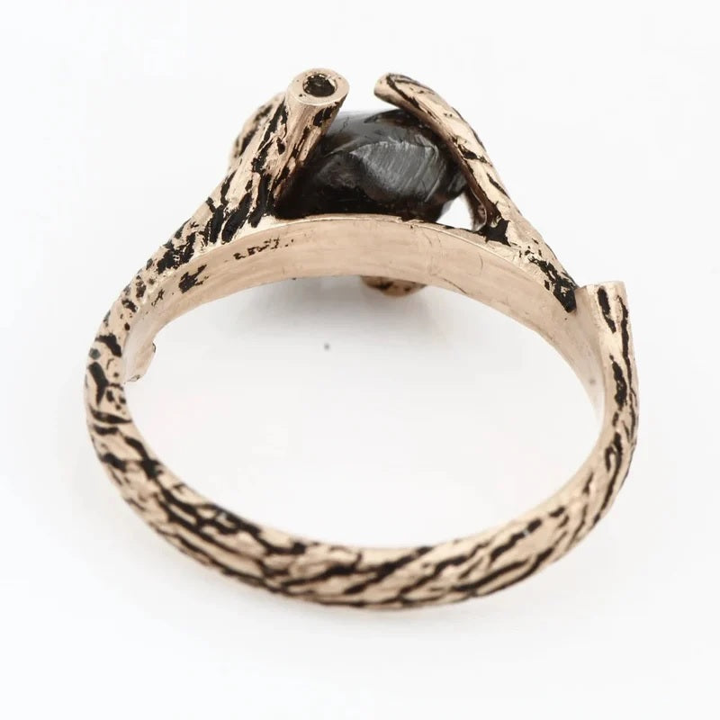Rough Diamond Ring, 14K Gold Anniversary Ring, Tree Branch Black Raw Twig Engagement Ring, Gift for Her