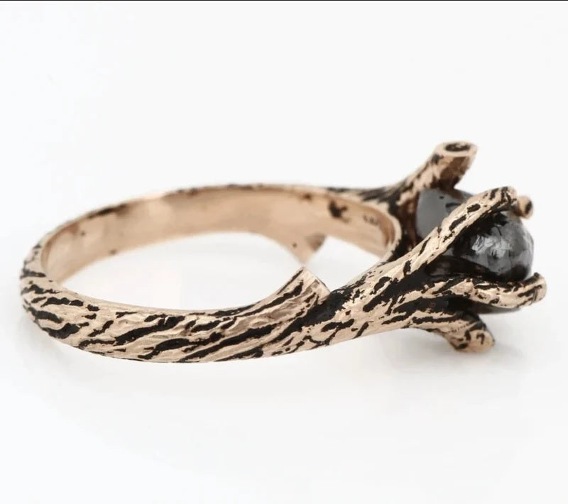Rough Diamond Ring, 14K Gold Anniversary Ring, Tree Branch Black Raw Twig Engagement Ring, Gift for Her