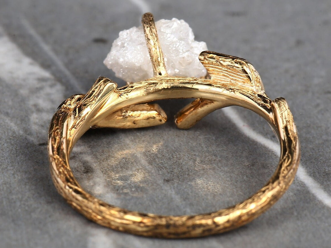Rough Diamond Ring, 14K Gold Anniversary Ring, Tree Branch Black Raw Twig Engagement Ring, Gift for Her