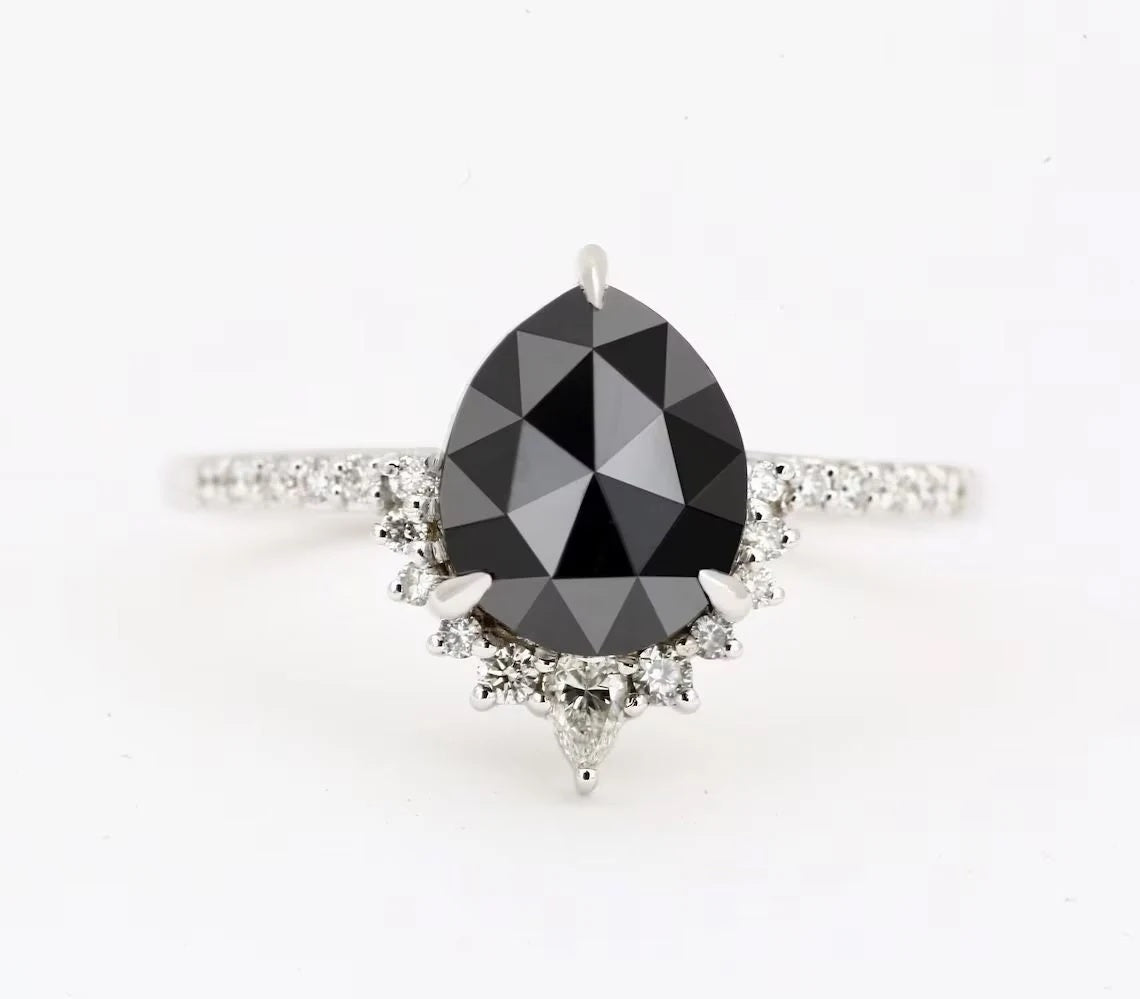 Black Diamond Ring, 14K Gold Engagement Ring, Natural Pear Diamond Wedding Ring, Gift for Her