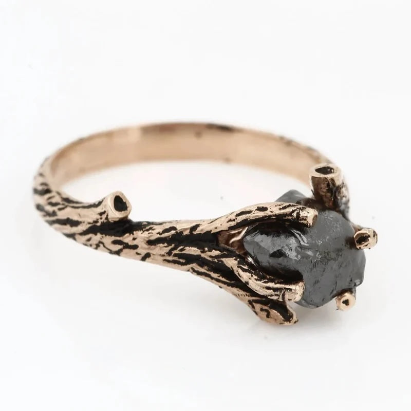 Rough Diamond Ring, 14K Gold Anniversary Ring, Tree Branch Black Raw Twig Engagement Ring, Gift for Her