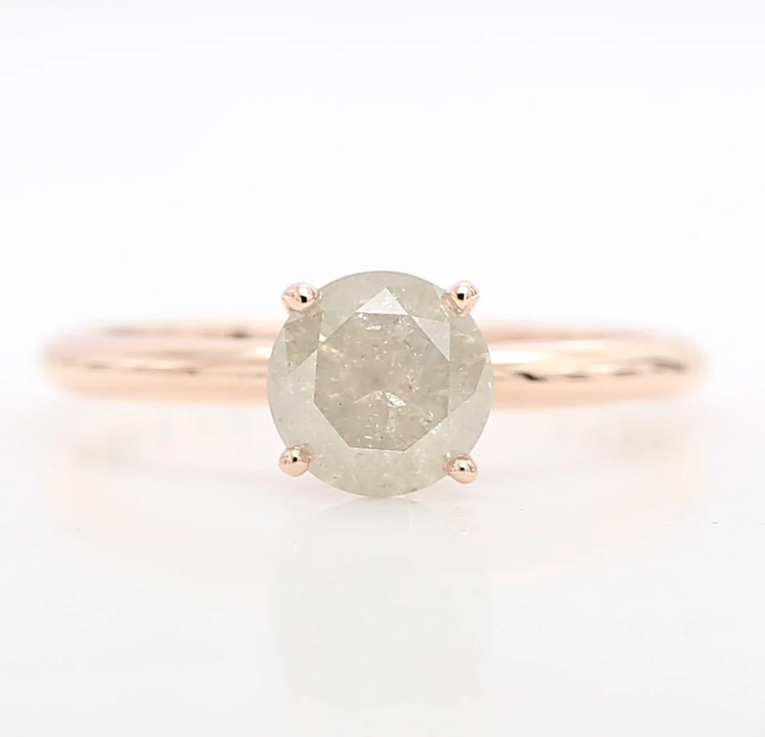 Gray Diamond Ring, 14K Gold Engagement Ring, Natural Round Diamond Prong Wedding Ring