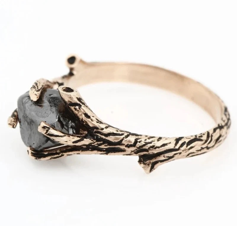 Rough Diamond Ring, 14K Gold Anniversary Ring, Tree Branch Black Raw Twig Engagement Ring, Gift for Her