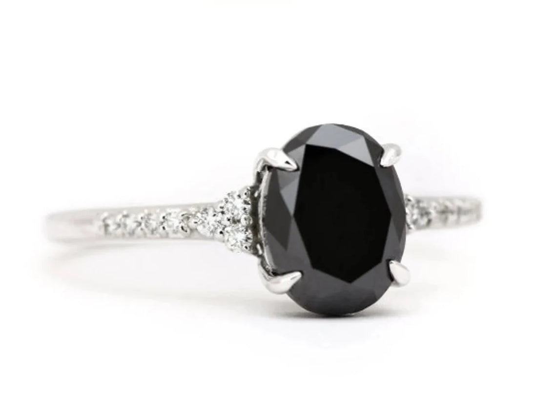 Black Diamond Ring, 14K Gold Engagement Ring, Natural Oval Diamond Ring, Gift for Her