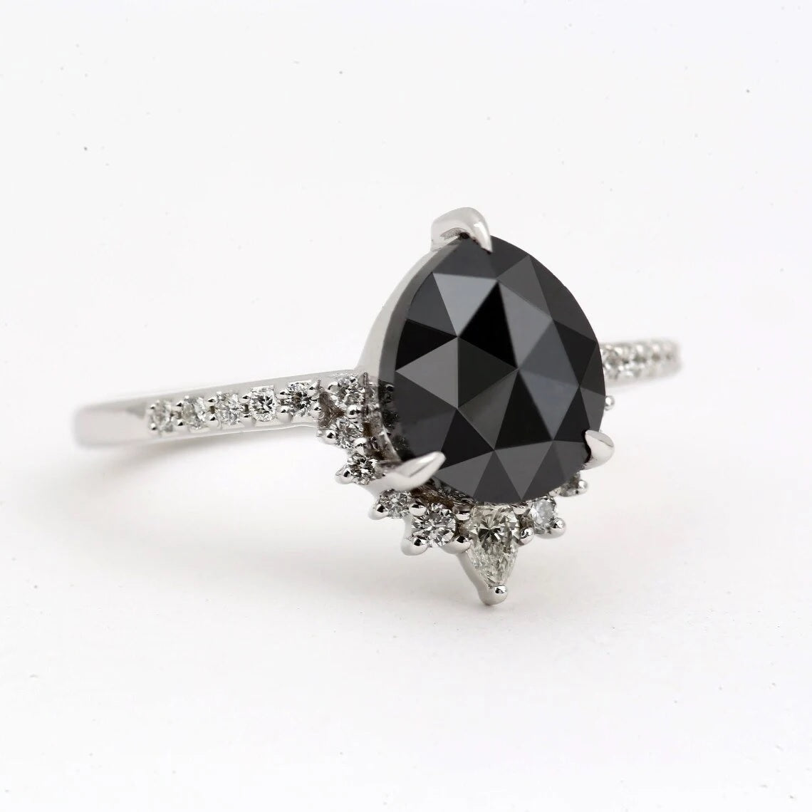 Black Diamond Ring, 14K Gold Engagement Ring, Natural Pear Diamond Wedding Ring, Gift for Her